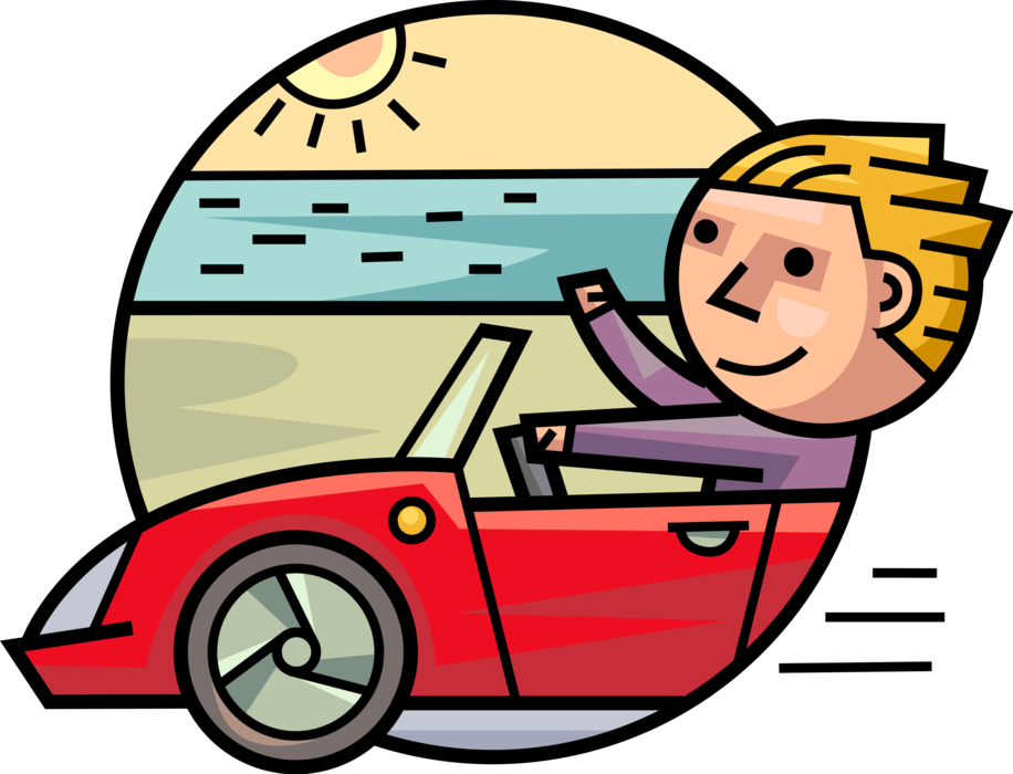 Vector Illustration of Motorist Driver in Convertible Automobile Car Motor Vehicle Drives by Ocean Seaside