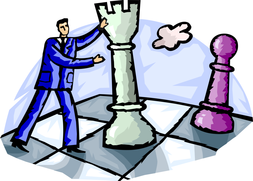 Vector Illustration of Businessman Plays Strategy Board Game of Chess on Chessboard with Rook Castle and Pawn