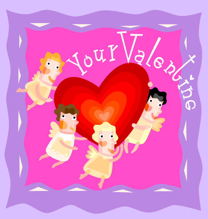 Vector Illustration of Valentine's Day Greeting Card with Heavenly Angelic Angels with Wings and Romantic Love Heart
