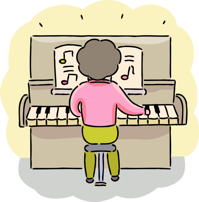 Vector Illustration of Gifted Student Musician Plays Piano Keyboard Musical Instrument During Music Lesson