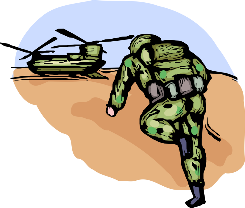 Vector Illustration of RUN! GO! GET TO DA CHOPPA! Heavily Armed United States Military Soldier Runs to Helicopter