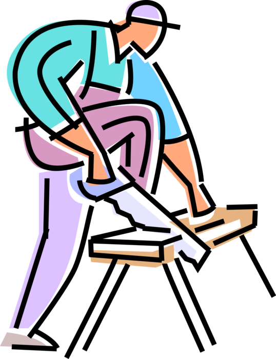 Vector Illustration of Construction Worker Carpenter Cuts Lumber Wood Board with Hand Saw on Job Site