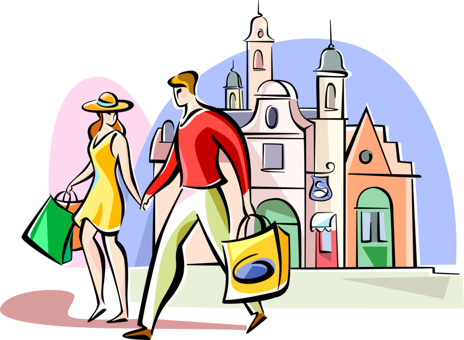 Vector Illustration of Couple Retail Shopping in London, England