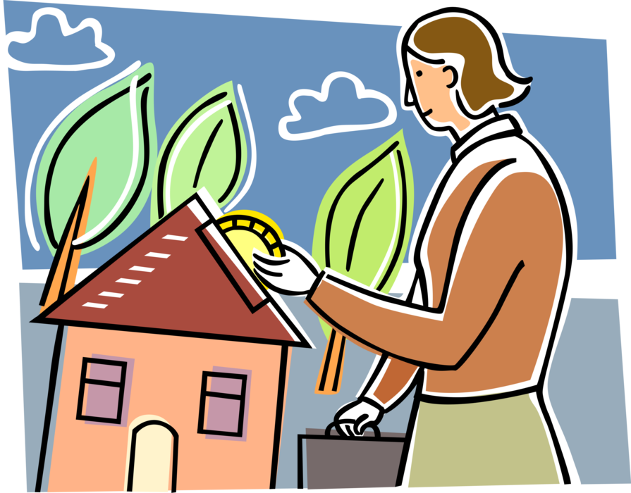 Vector Illustration of Homeowner Invests Employment Earnings Income Money in Real Estate Mortgage for Family Residence Home