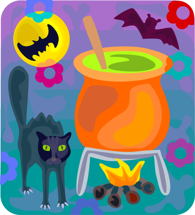Vector Illustration of Halloween Black Cat Associated with Witchcraft, Ill Omens, and Death with Witch's Brew and Vampire Bats