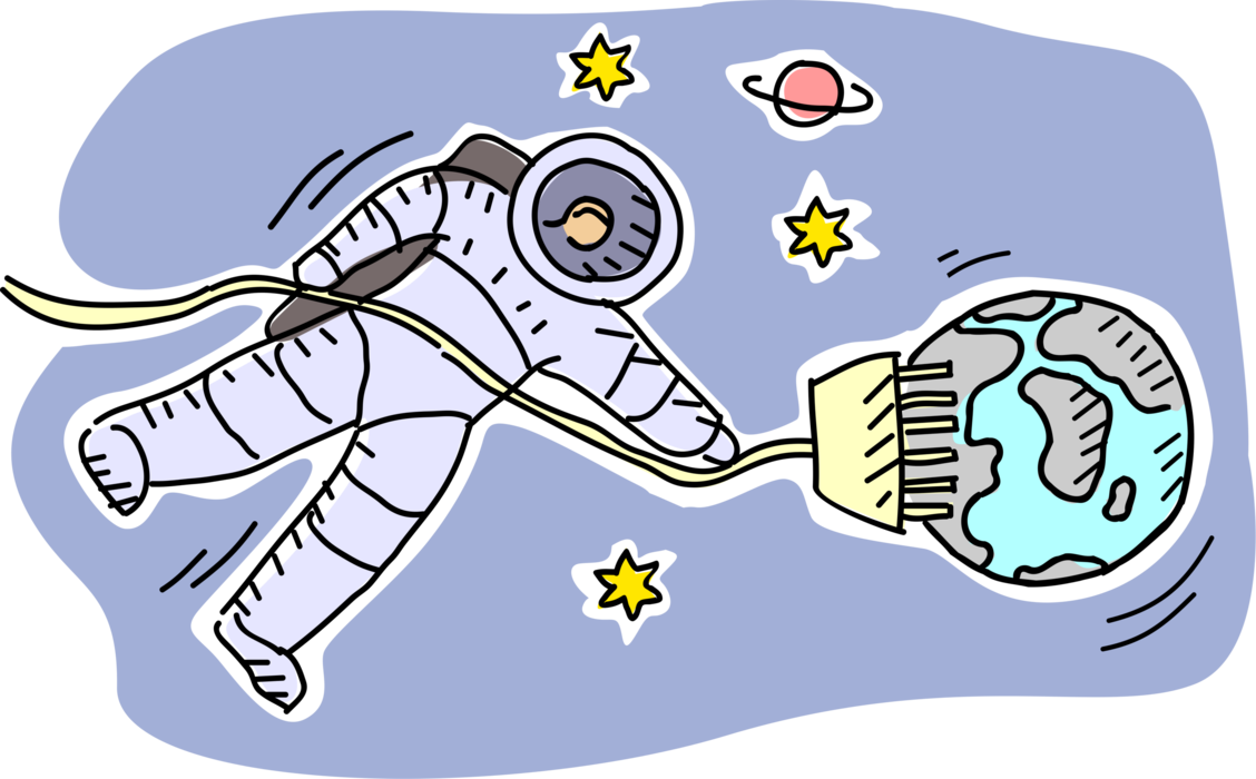 Vector Illustration of Outer Space Astronaut Plugs in Planet Earth World with Communication Cable