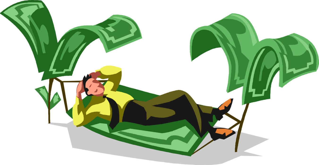 Vector Illustration of Well-Heeled, Affluent Businessman on Easy Street Relaxes in Cash Money Dollar Hammock 
