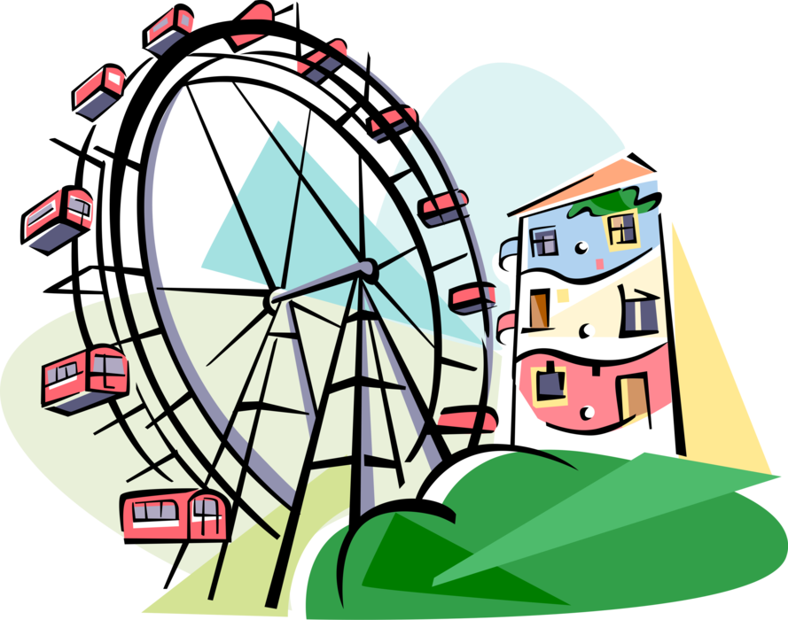 Vector Illustration of Wiener Riesenrad, Vienna Ferris Wheel in Prater Amusement Park, Austria