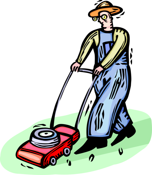 Vector Illustration of Man Mows and Cuts Grass with Yard Work Lawn Mower
