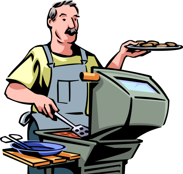 Vector Illustration of Barbecue, Barbeque or BBQ Grill Master Cooks Hamburgers for Social Gathering Guests
