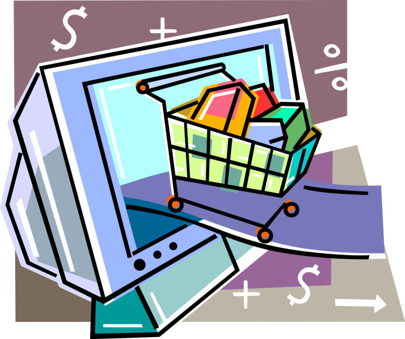 Vector Illustration of Internet Online Ecommerce Shopping Cart with Goods and Services Purchased via Computer Transactions