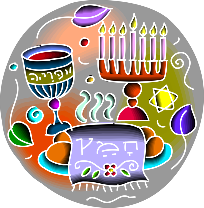 Vector Illustration of Jewish Menorah Lampstand with Chalice, Unleavened Bread, Star of David Symbol Jewish Identity and Judaism