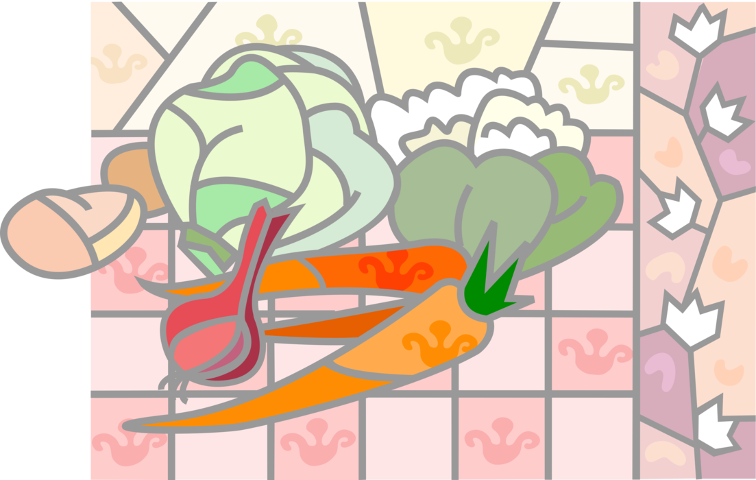 Vector Illustration of Fresh Vegetable Carrots, Lettuce, Cabbage, Onions, and Potatoes with Floral Ceramic Tiles