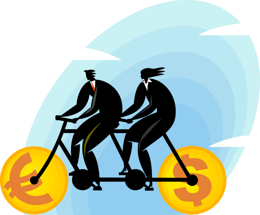 Vector Illustration of Business Associates Ride Tandem Bicycle with Euro and Dollar Currency Wheels