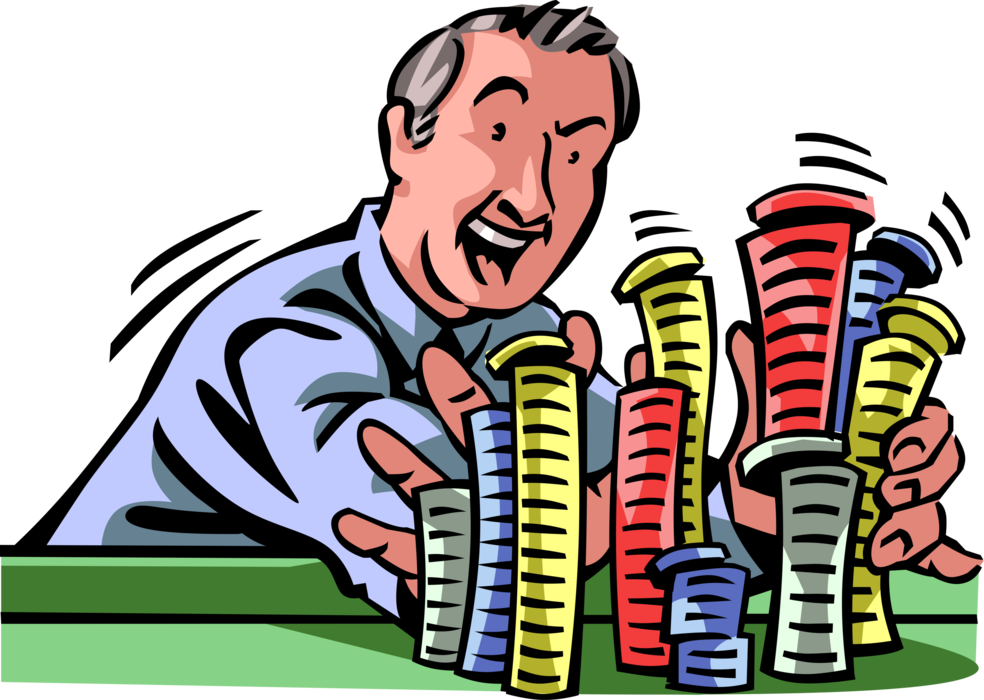 Vector Illustration of Businessman Gambler Goes All-In with Gambling Poker Chips in Casino Card Game