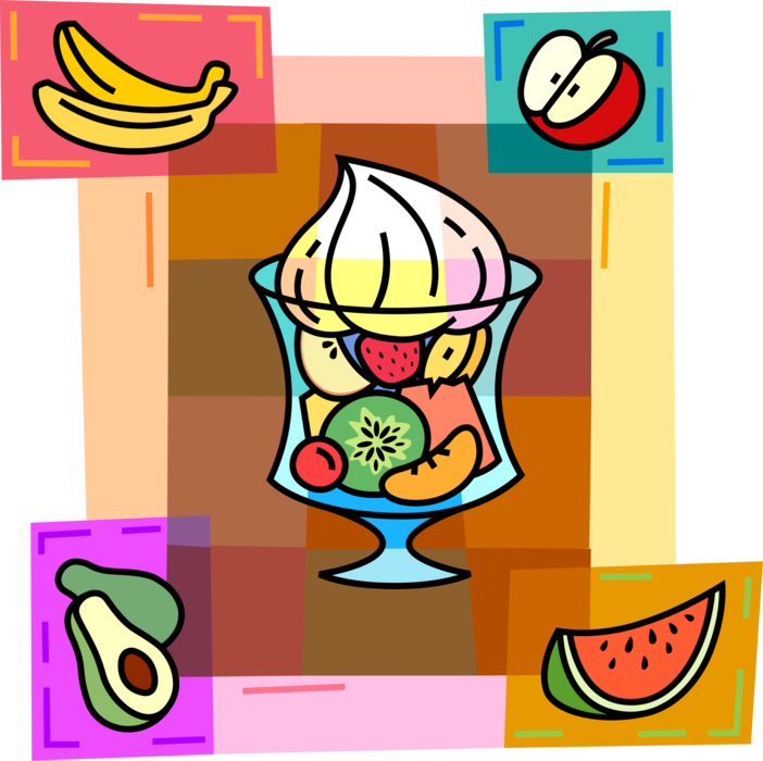 Vector Illustration of Bowl of Fresh Fruit with Cream Topping, Watermelon, Bananas, Avocado & Sliced Apple