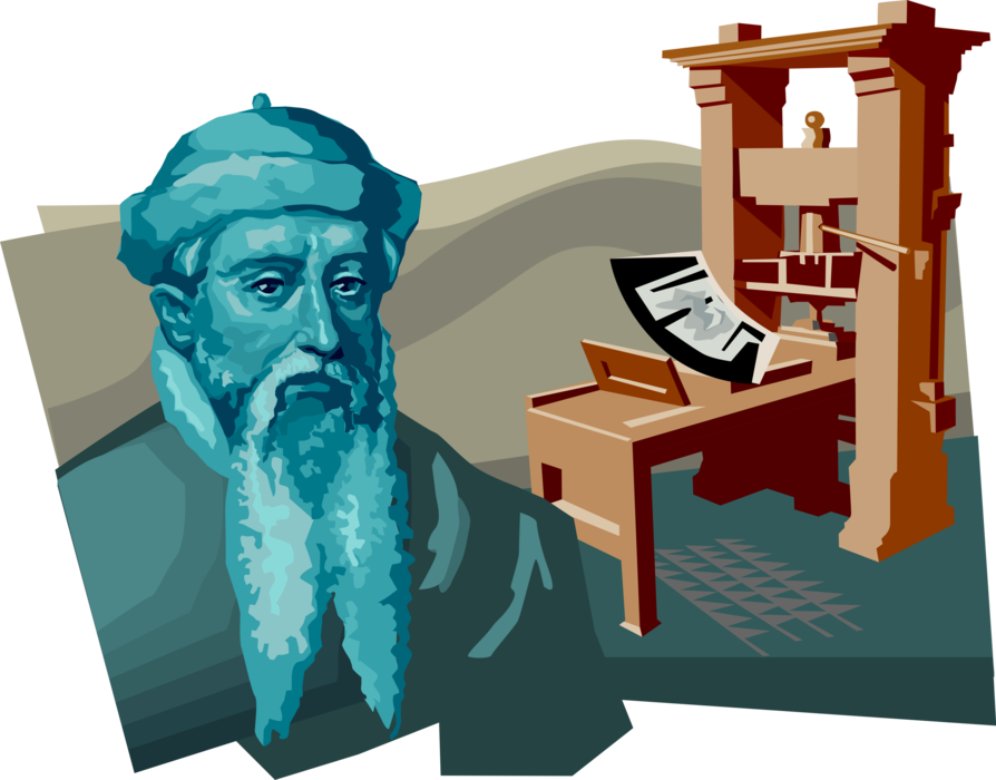 Vector Illustration of Johan Gutenberg, Mechanical Movable Type Inventor of Print Started Printing Revolution