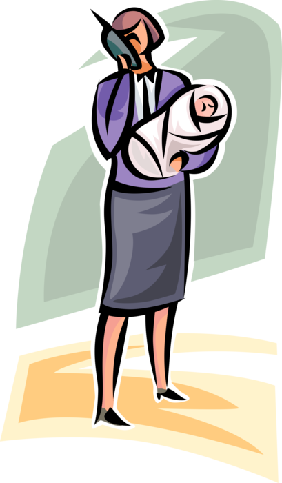 Vector Illustration of Businesswoman Mother with Newborn Infant Baby Talks on Mobile Cell Phone