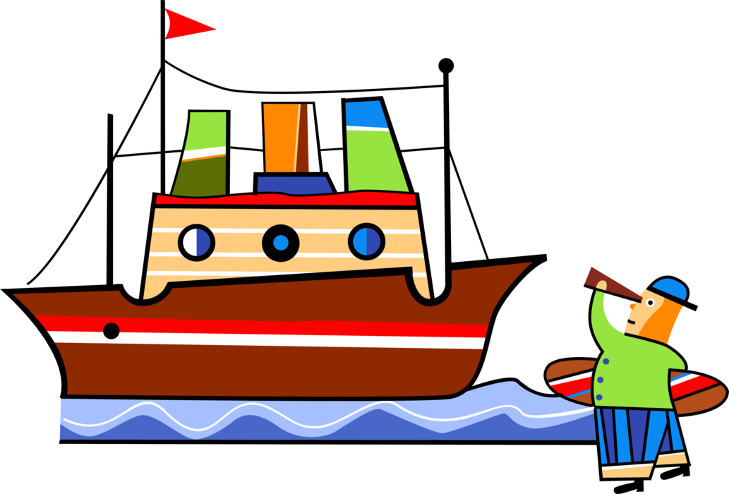 Vector Illustration of Boy with Telescope Watches Watercraft Vessel Ship Go By
