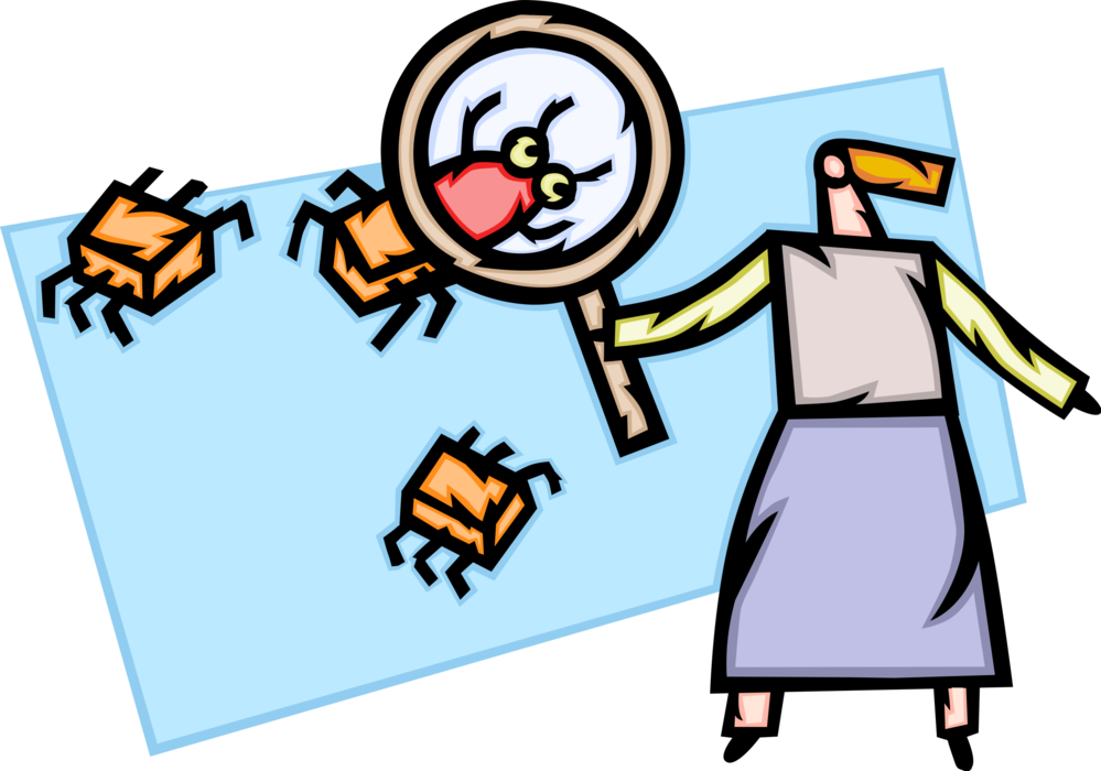 Vector Illustration of Businesswoman Discovers Computer Virus Malicious Malware Bug with Magnifying Glass