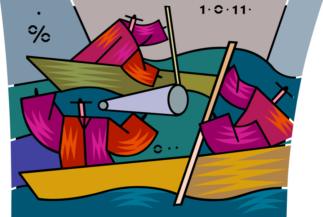 Vector Illustration of Scullers Rowing Sculling Boat on Water with Coxswain and Megaphone