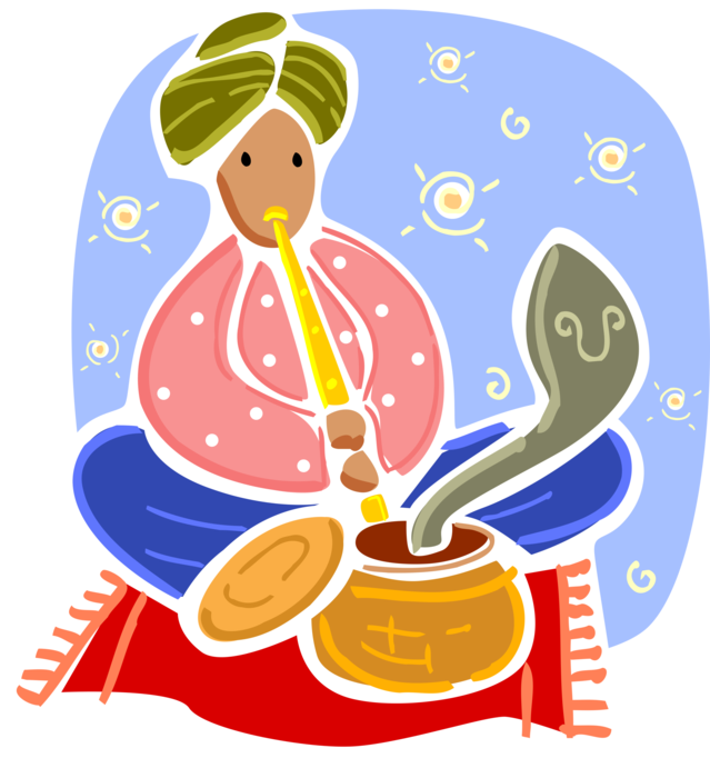 Vector Illustration of Indian Snake Charmer Plays Bansuri to Hypnotize Cobra Reptile Snake in Basket