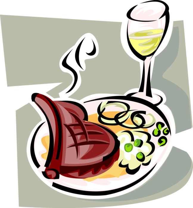 Vector Illustration of Prime Rib Roast Beef Meal with Wine Glass