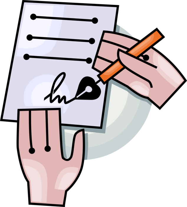 Vector Illustration of Hand Signs Signature with Fountain Pen Writing Instrument on Document