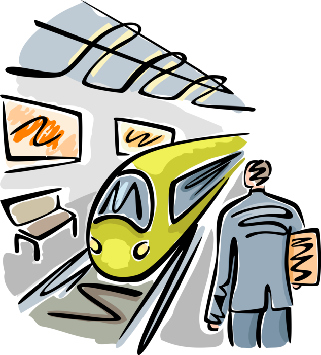 Vector Illustration of Train Passenger Waits for Railroad Rail Transport Speeding Locomotive Railway in Station