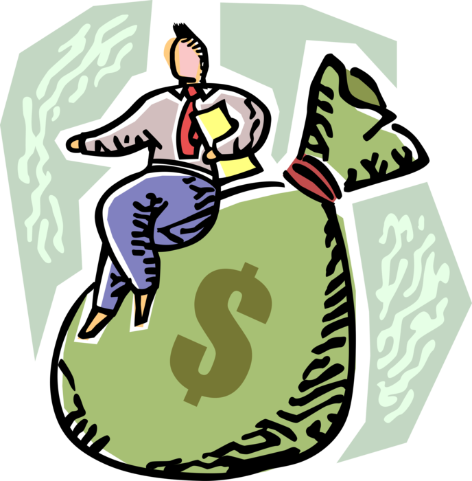 Vector Illustration of Businessman Enjoys Financial Rewards and Success with Cash Money Bag 