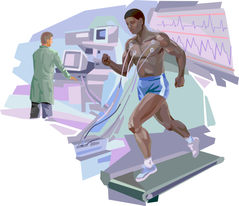 Vector Illustration of Heart Monitoring Treadmill EKG Stress Test with Patient and Medical Doctor Physician