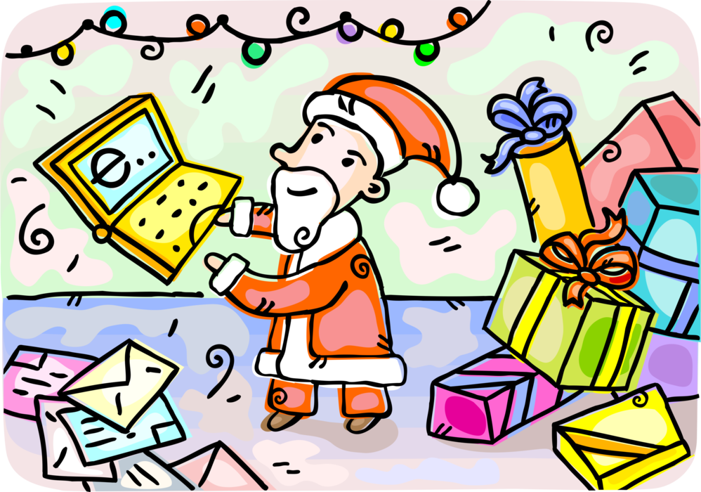 Vector Illustration of Santa Claus Checks Email on Computer Before Delivering Gift Wrapped Christmas Presents