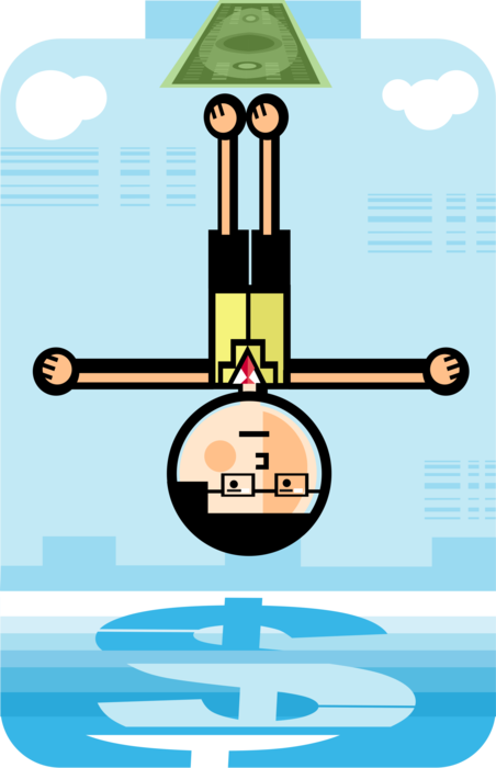 Vector Illustration of Businessman Diver Dives from Diving Board into Financial Cash Money Dollar Swimming Pool