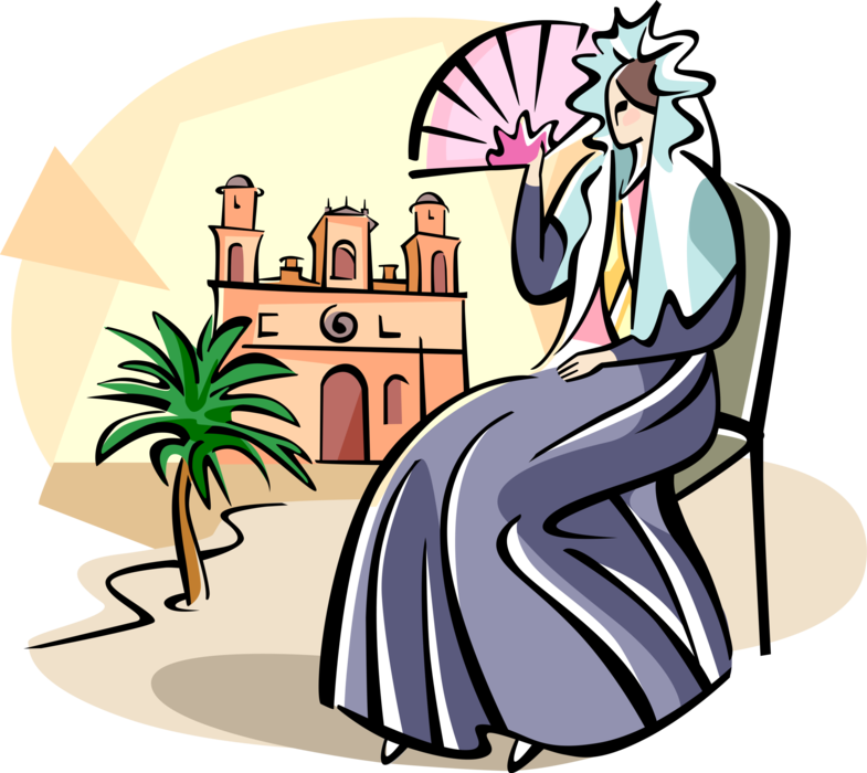 Vector Illustration of Spanish Woman in Traditional Dress Sits with Hand Fan