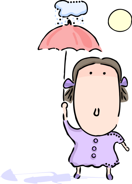 Vector Illustration of Young Child with Umbrella or Parasol Rain Protection in Isolated Showers Rainstorm on Sunny Day