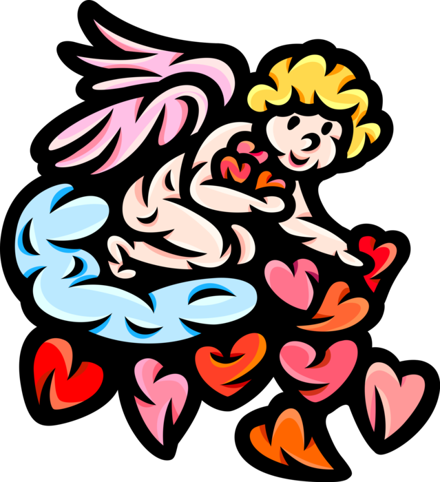 Vector Illustration of Cupid God of Desire and Erotic Love with Rose Petal Love Hearts