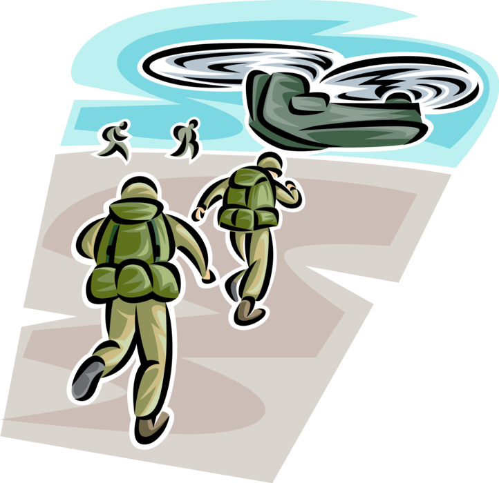 Vector Illustration of United States Military Soldiers Run to Chopper Helicopter Airlift in Combat Zone Operations