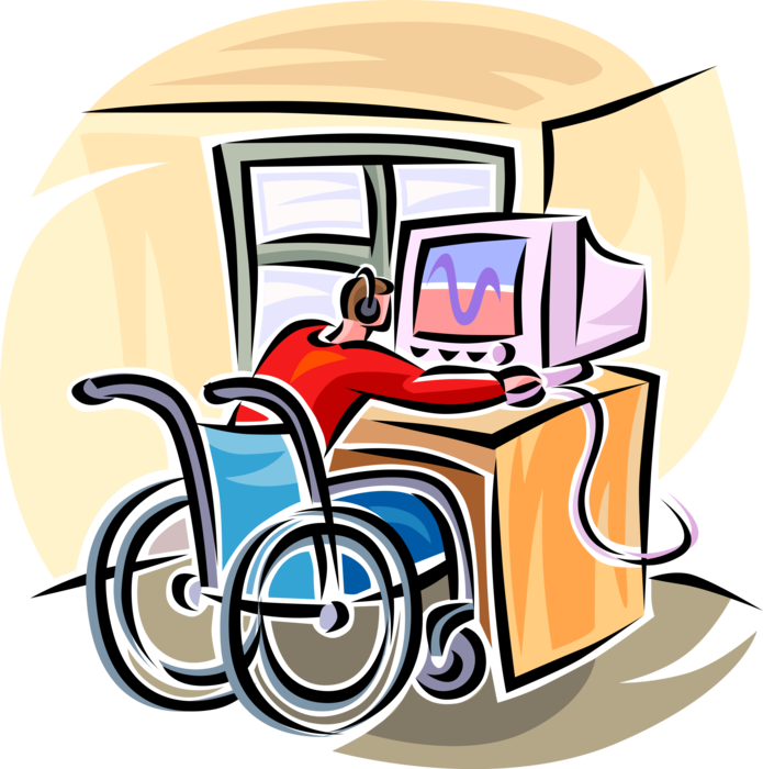 Vector Illustration of Worker in Handicapped or Disabled Wheelchair Works with Computer