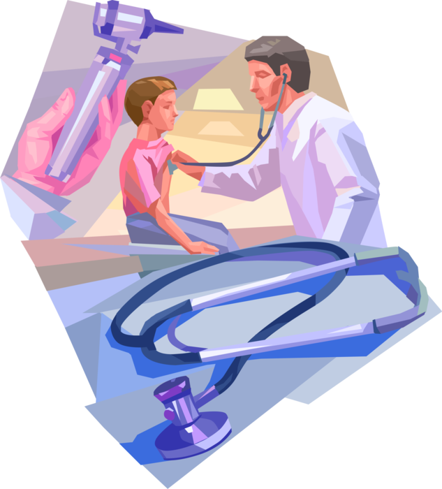 Vector Illustration of Health Care Professional Doctor Physicians with Stethoscope Checks Patient Heart Rhythm