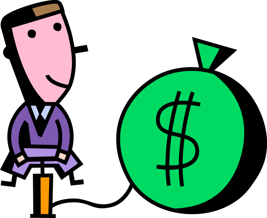 Vector Illustration of Businessman with Bicycle Pump Inflates Money Bag, Moneybag, or Sack of Money