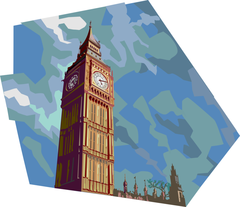 Vector Illustration of Big Ben Clock Tower Tourism Landmark, British House of Parliament, London, England, United Kingdom