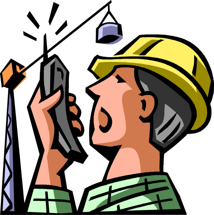 Vector Illustration of Construction Worker Transmits Instructions on Walkie-Talkie to Crane Operator at Job Site