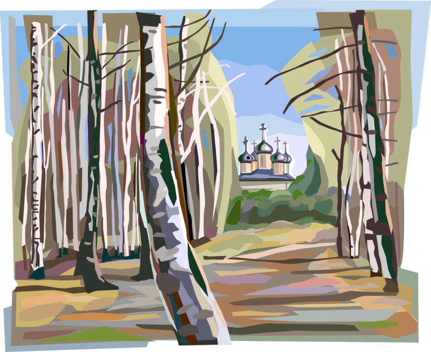 Vector Illustration of Russian Nature Scene with Birch Trees and Eastern Orthodox Church