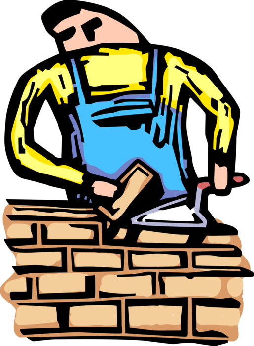 Vector Illustration of Mason Bricklayer Builds Brick Wall on Building Construction Site with Masonry Bricks