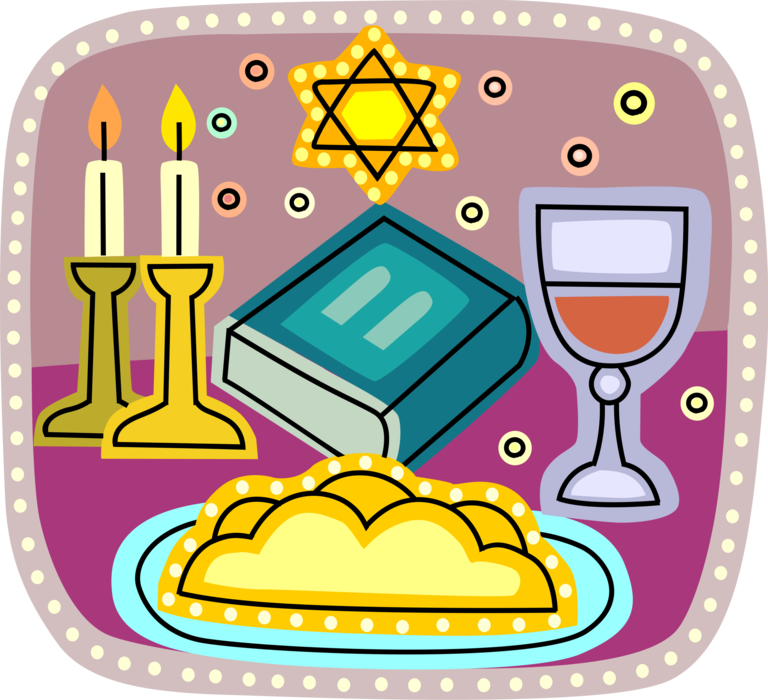 Vector Illustration of Star of David Shield of David Symbol of Jewish Identity and Judaism with Bread, Bible, Candles, Goblet