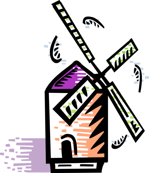 Vector Illustration of Dutch Windmill in The Netherlands, Holland used to Mill Grain, Pump Water