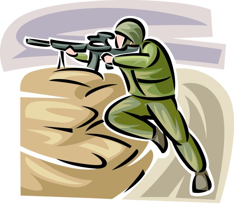 Vector Illustration of Heavily Armed United States Military Soldier Fires Assault Rifle at Enemy During Combat Operations
