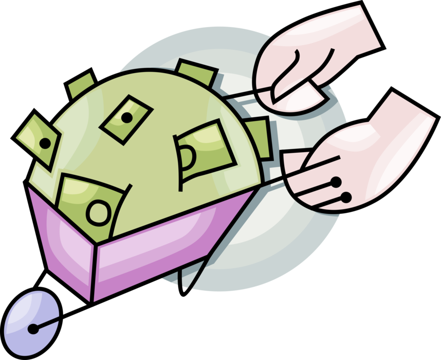 Vector Illustration of Hands Push Wheelbarrow Full of Cash Money Dollars