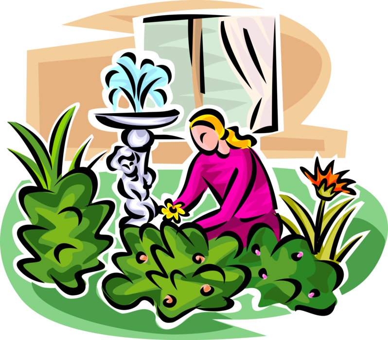 Vector Illustration of Gardener Works Picking Flowers in Garden with Water Fountain