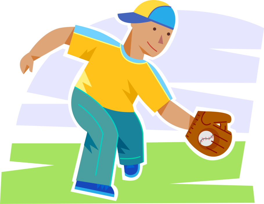Vector Illustration of American Pastime Sport of Baseball Player Fields Ball with Glove During Game